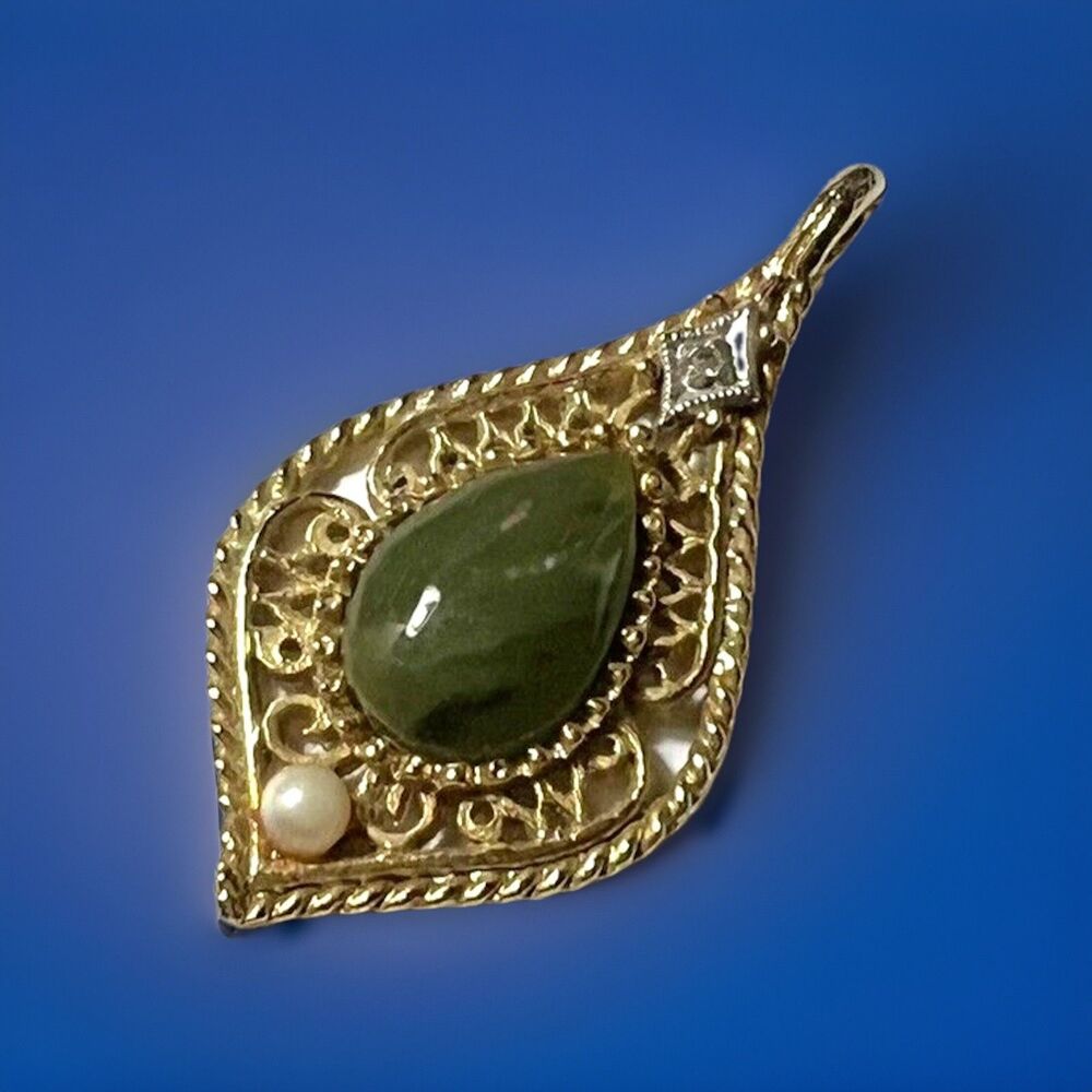 Vtg Jade Diamond and Cultured Pearl Teardrop Gold Filled Pendant Pat Pending